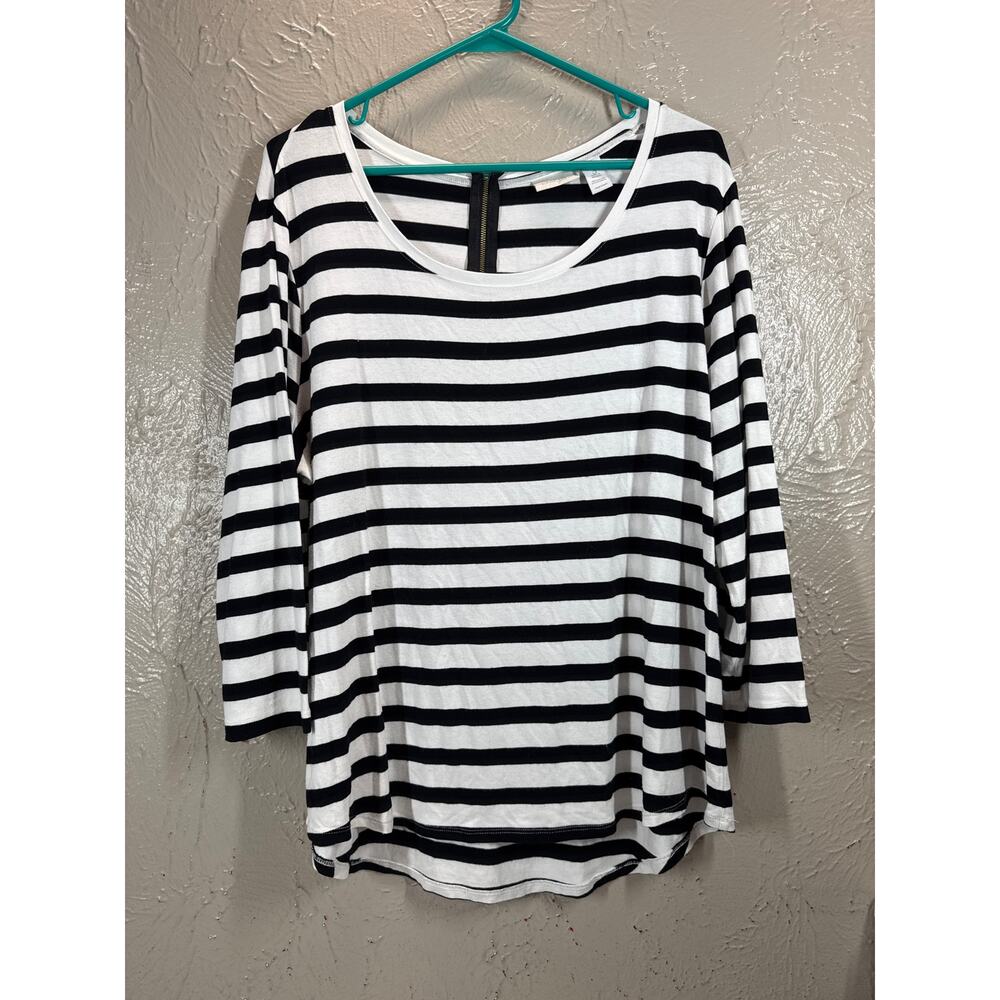 Chico's Black And White Striped Top Half Sleeve Round Neck‎ Stretch Size 3 US XL